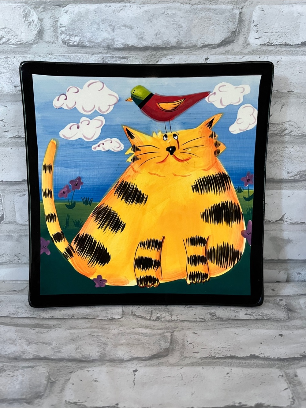 Naylor Bright Yellow Striped Tiger Cat Plate with Bird Accent hand-painted 2005